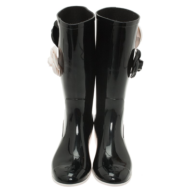 Chanel Black Rubber Camellia Flower Rain Boots Size 6.5/37 - Yoogi's Closet