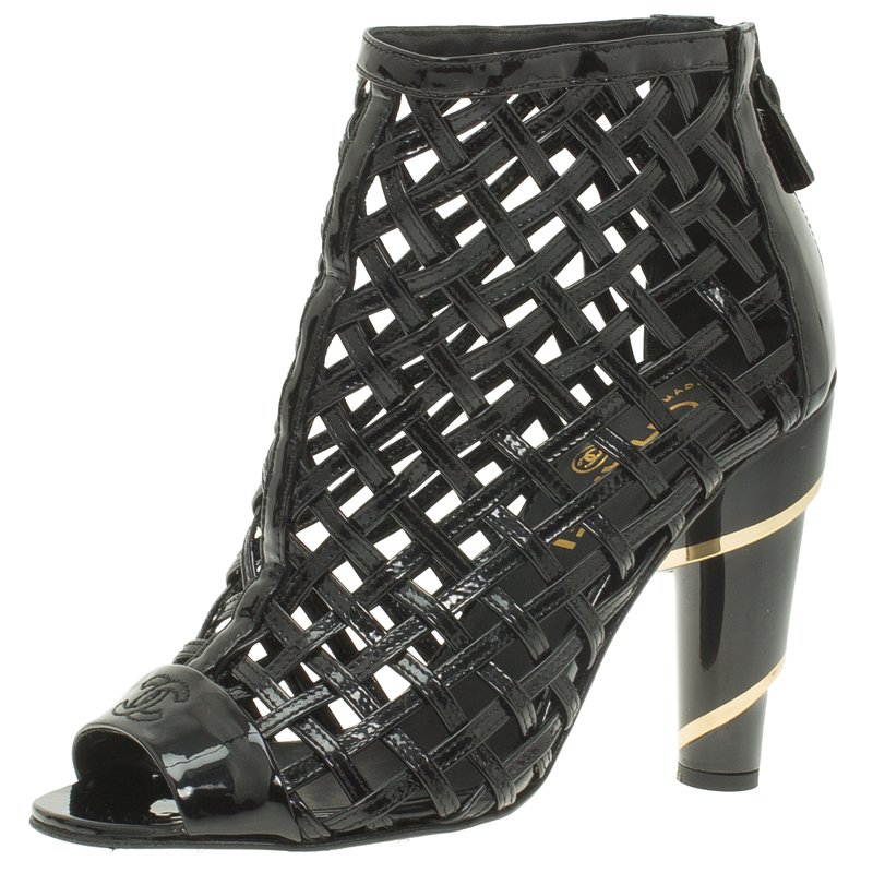 Chanel Black Patent Open Toe Cage Ankle Boots Size 36