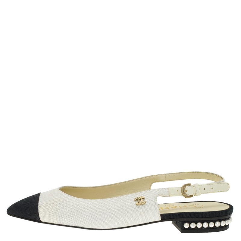 Chanel Two Tone Canvas Pearl Detail Flat Slingback Sandals Size 36 ...