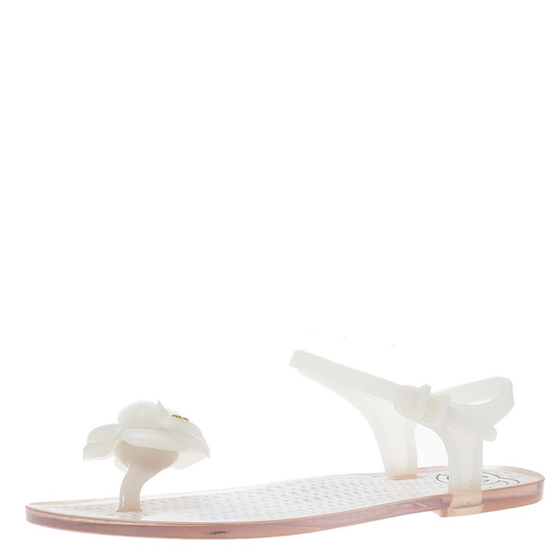 Chanel White Jelly Camellia Flower Sandals Size 36