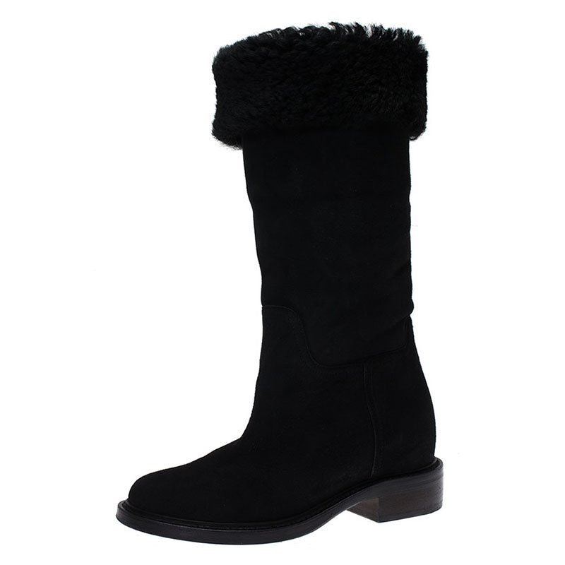Pre Owned Chanel Black Suede CC Knee Boots Size 38.5
