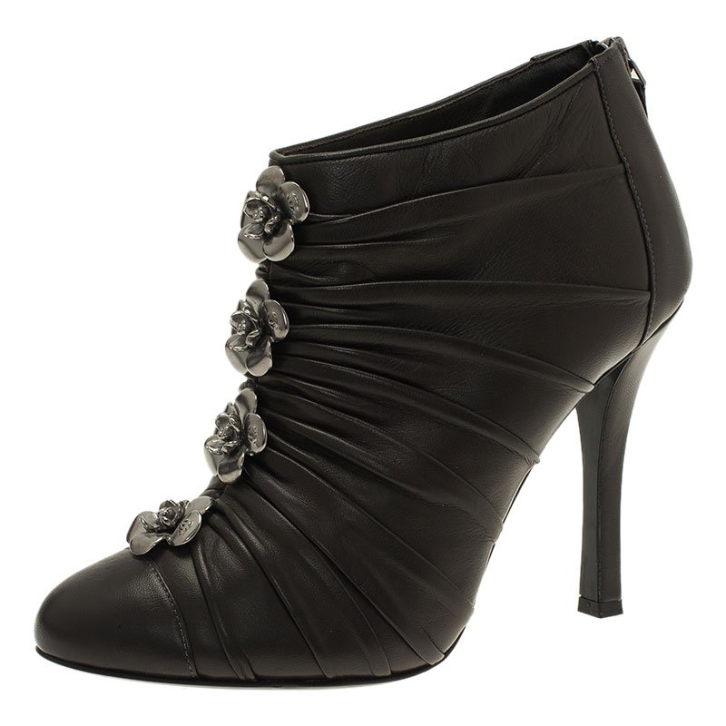 Chanel Dark Grey Pleated Leather Camellia Ankle Boots Size 38.5