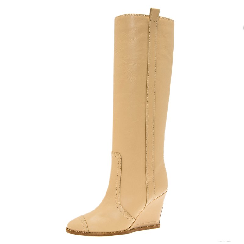 Chanel Beige Leather Wedge Knee Boots Size 35