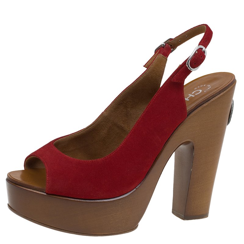 Chanel Red Suede Wooden Block Heel Slingback Sandals Size 39