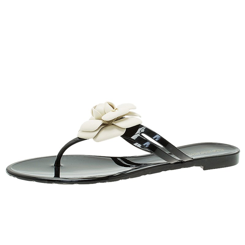 Chanel Black and White Jelly Camellia Thong Sandals Size 40 Chanel | TLC
