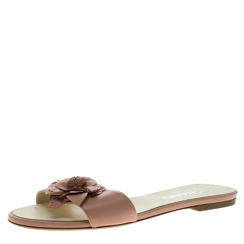 Chanel Pink Camellia Embellished Leather Flat Slides Size 38.5