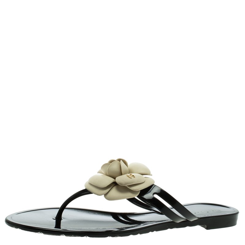 Chanel Black Jelly Camellia Embellished Thong Sandals Size 41 Chanel