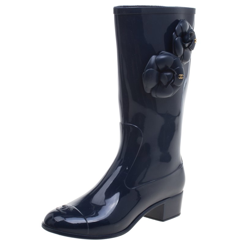 Chanel Navy Blue PVC Camellia Rain Boots Size 39