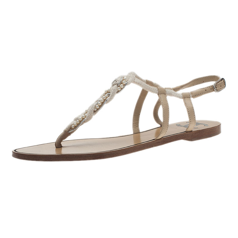 Chanel White Pearl and Lace Thong Sandals Size 38.5 Chanel | TLC