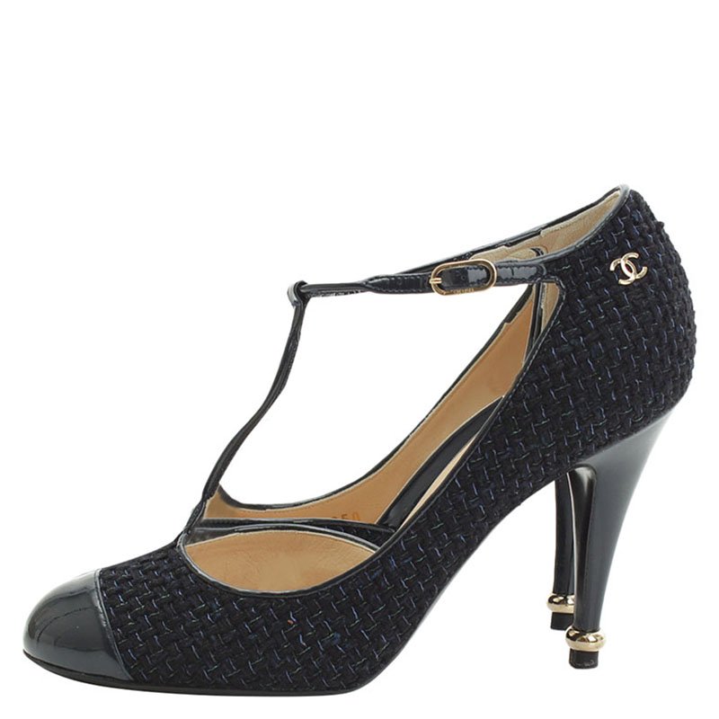 Chanel Two Tone Tweed and Leather T-Strap Pumps Size 37 Chanel