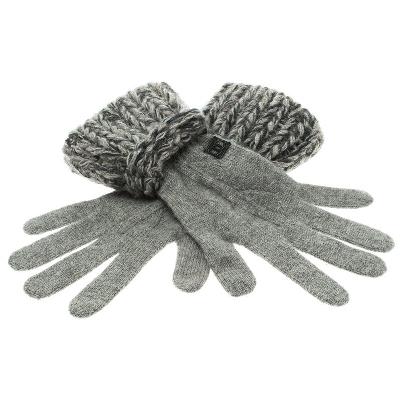 Chanel Vintage Grey Chunky Knit Cuff Detail Gloves