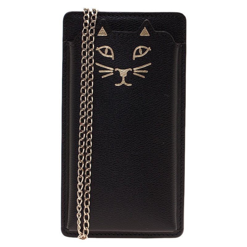 Pre Owned Charlotte Olympia Black Leather Feline iPhone 6 Case with Chain