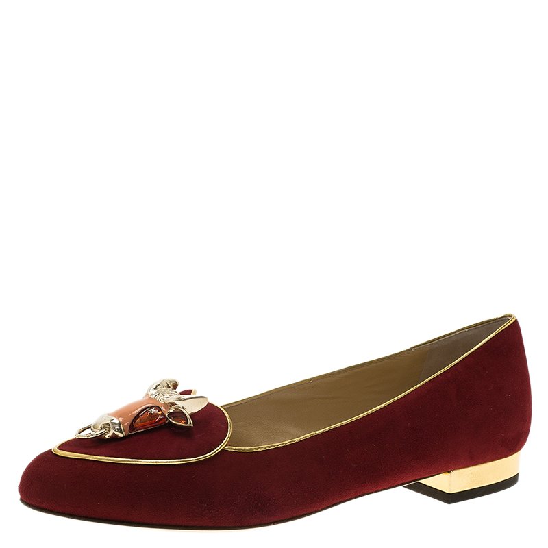 مملوكة مسبقًا Charlotte Olympia Burgundy Suede Bull Smoking Slippers Size 37