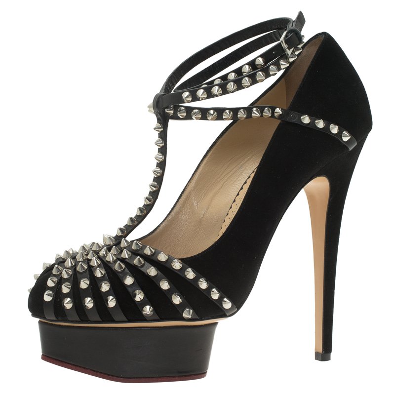 Pre Owned حذاء كعب عالي شارلوت أوليمبيا أنغري بورتيا مرصع نعل سميك شريط للكاحل سويدي أسود مقاس 41