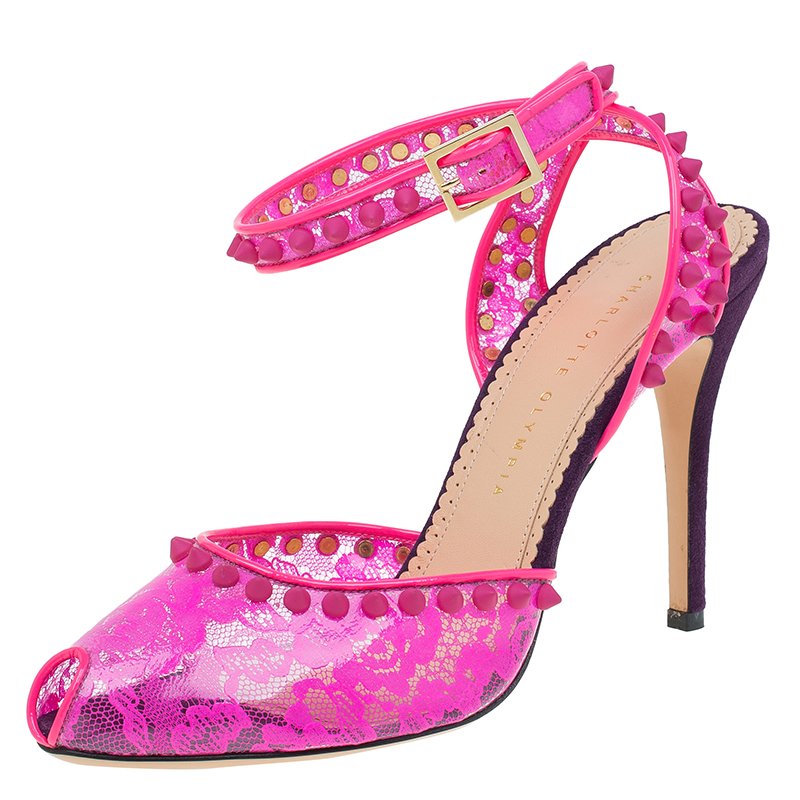 Charlotte Olympia Pink Lace Print PVC Soho Studded Ankle Strap Sandals Size 40