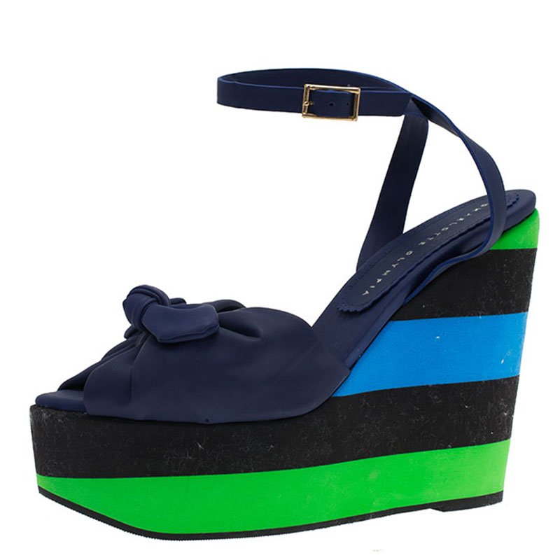 Pre Owned صندل شارلوت اوليمبيا ميراندا كعب روكى مطاط بحزام نعل سميك بفيونكة ملون مقاس 39