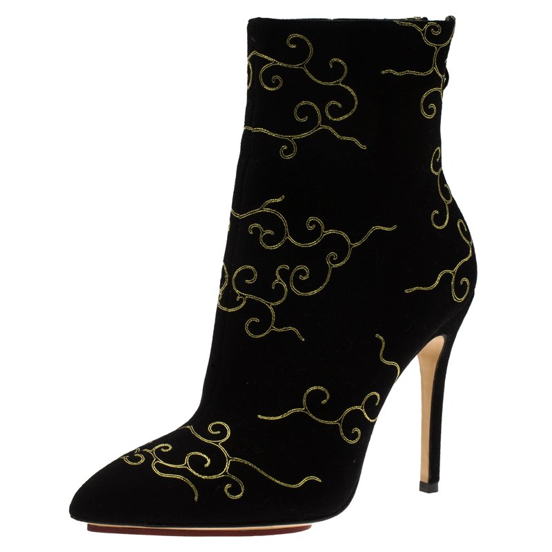 Charlotte Olympia Black Embroidered Suede Betsy Ankle Boots Size 37