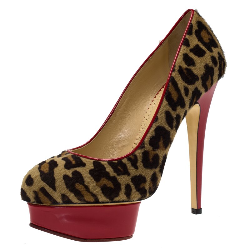 Pre Owned Charlotte Olympia Leopard Calf Hair Polly Platform Pumps Size 38.5