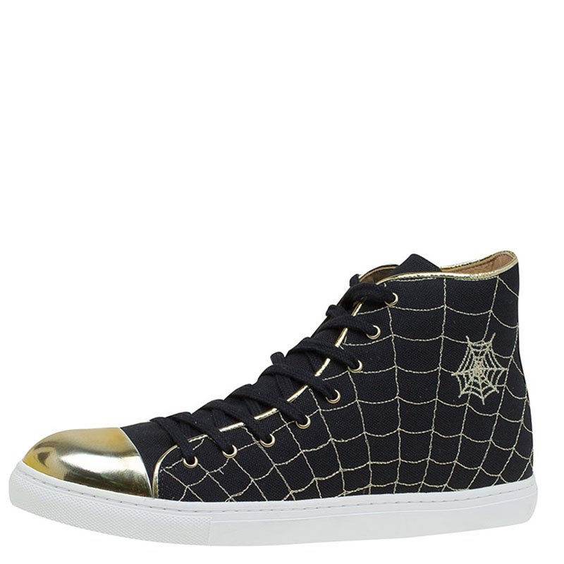 Charlotte Olympia Black/Gold Canvas Web High Top Cap Toe Sneakers Size 40.5