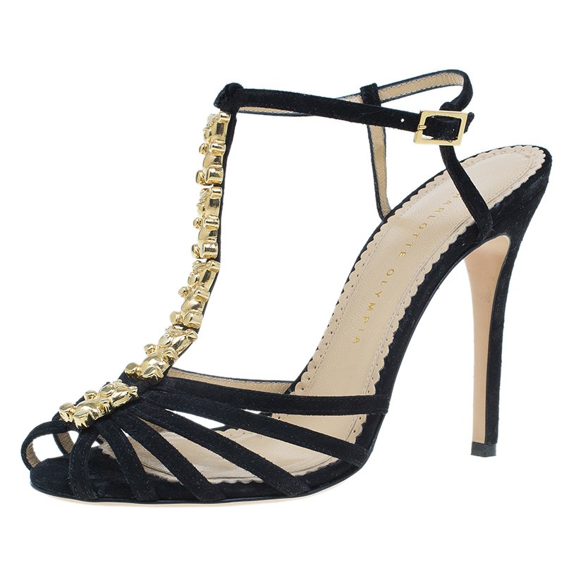 Charlotte Olympia Black Suede Gummi Bear Ankle Strap Sandals Size 39 