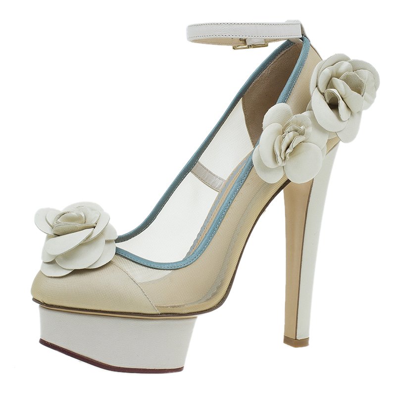Charlotte Olympia Cream Mesh Flora Ankle Strap Pumps Size 37