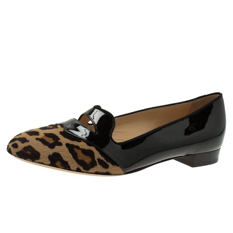 Pre Owned Charlotte Olympia Leopard Pony Hair and Patent Kiss Me Darcy Ballet Flats Size 41
