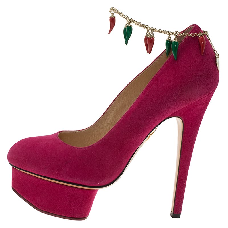 Charlotte Olympia Pink Suede Hot Dolly Chili Anklet Platform Pumps Size 35.5