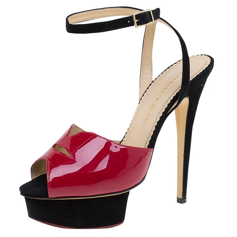Pre Owned Charlotte Olympia Red Patent Kiss Me Ankle Strap Platform Sandals Size 39.5