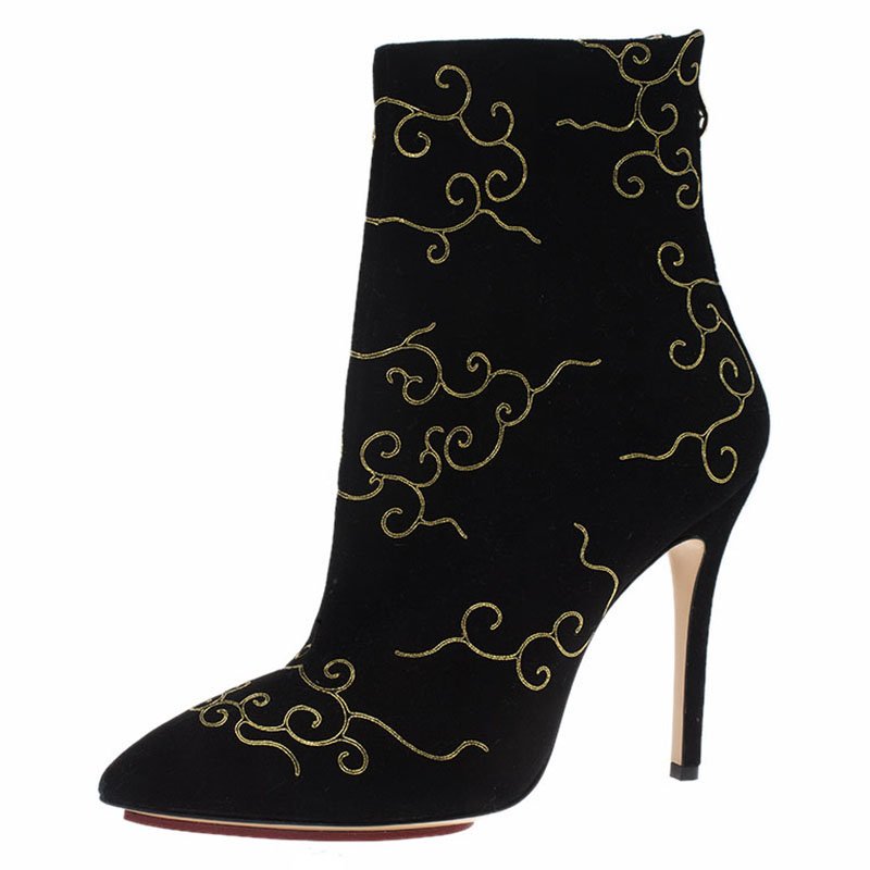 Charlotte Olympia Black Embroidered Suede Betsy Ankle Boots Size Size 39
