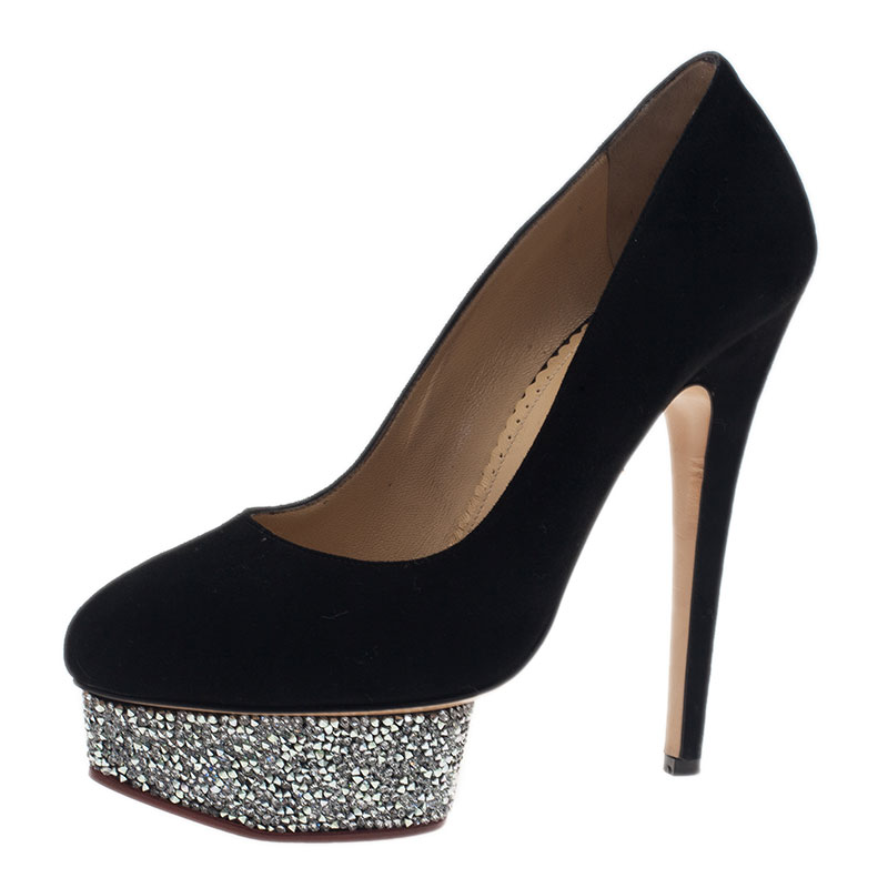 Pre Owned Charlotte Olympia Black Suede Dolly Platform Pumps Size 37
