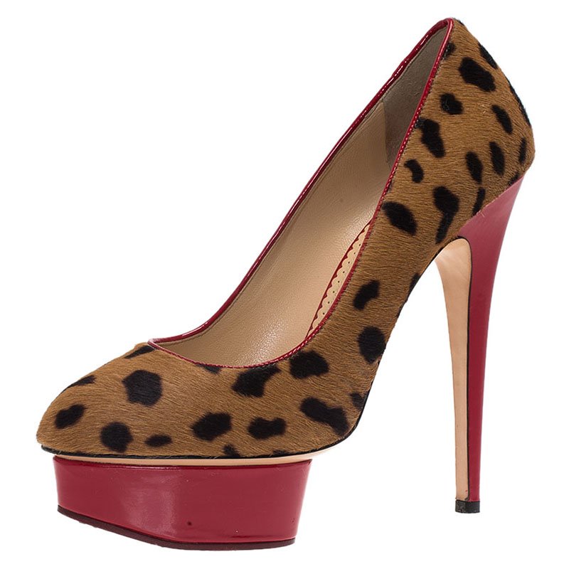 Pre Owned Charlotte Olympia Leopard Print Calf Hair and Red Patent Polly Platform Pumps Size 39