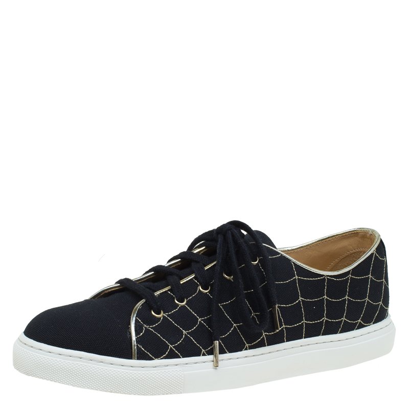 Charlotte Olympia Black Canvas Web Sneakers Size 38