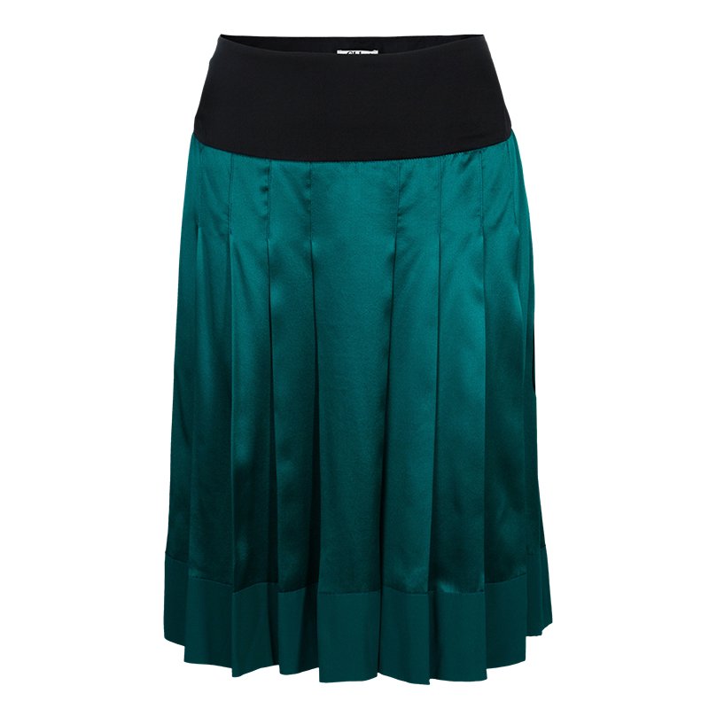 Pre Owned Chloe Green Contrast Waistband Pleated Silk Skirt M
