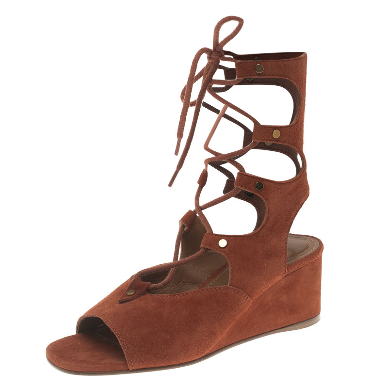 Pre Owned Chloe Orange Suede Gladiator Wedge Sandals Size 35