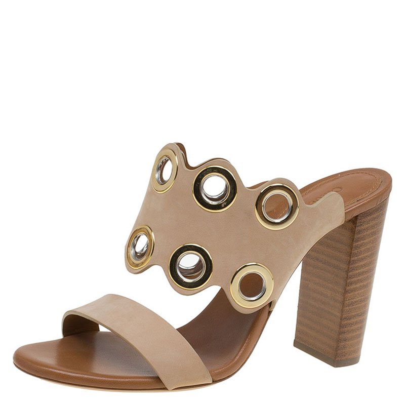 Pre Owned Chloe Beige Leather Eyelet Mules Size 36