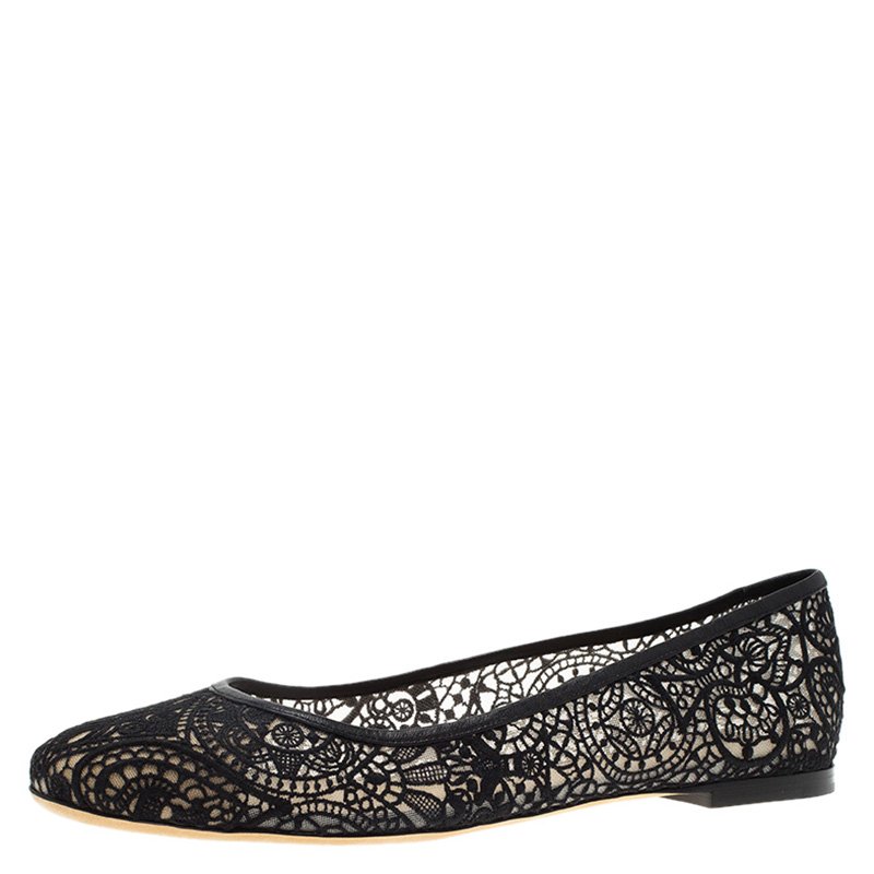 Pre Owned Chloe Black Lace and Leather Ballet Flats Size 39.5