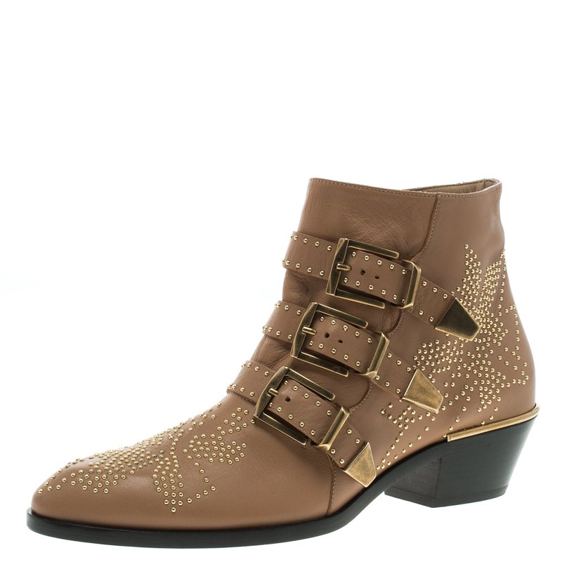 Pre Owned Chloe Beige Studded Leather Suzanna Ankle Boots Size 38