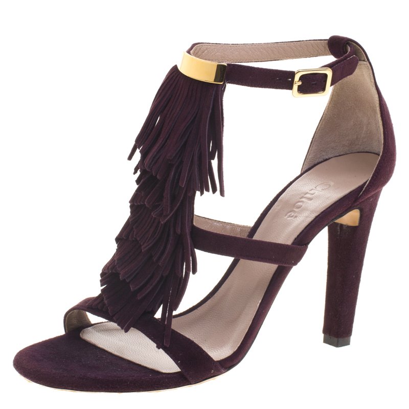 Pre Owned Chloe Purple Suede Fringed Sandals Size 36