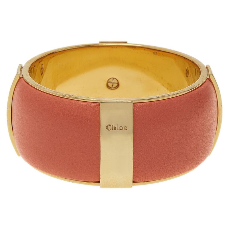 Pre Owned Chloe Pink Leather Gold Tone Bangle Bracelet