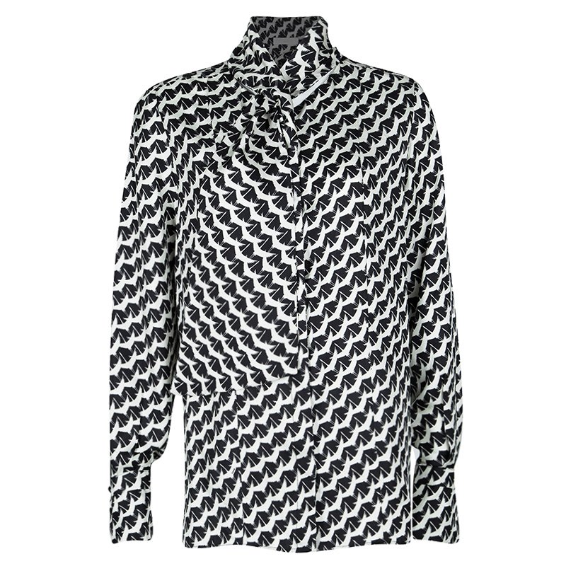 Chloe Monochrome Bird Print Silk Neck Tie Detail Blouse M 