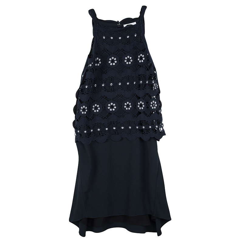 Pre Owned Chloe Navy Blue Cutout Lace Overlay Sleeveless Dress M
