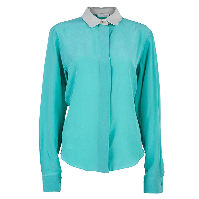 Pre Owned بلوزة كلوي ثنائية اللون حرير ياقة بيتر بان L