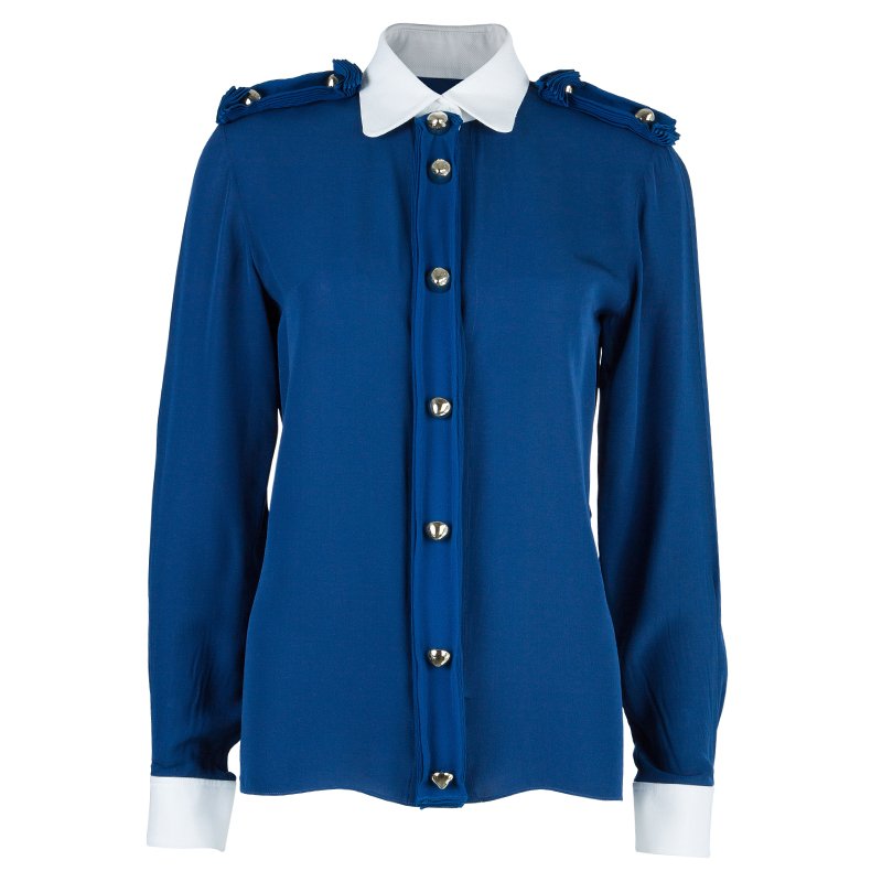 Chloe Navy Contrast Collar Silk Shirt M