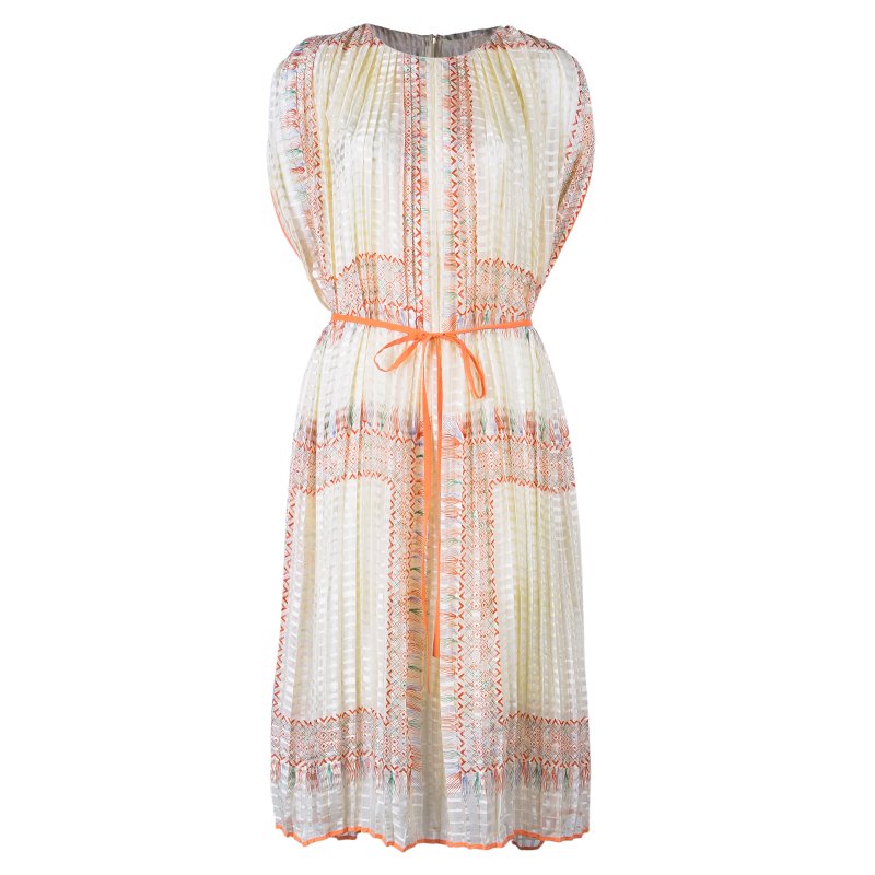 Pre Owned Chloe Orange Foulard Print Pleated Silk Dress M
