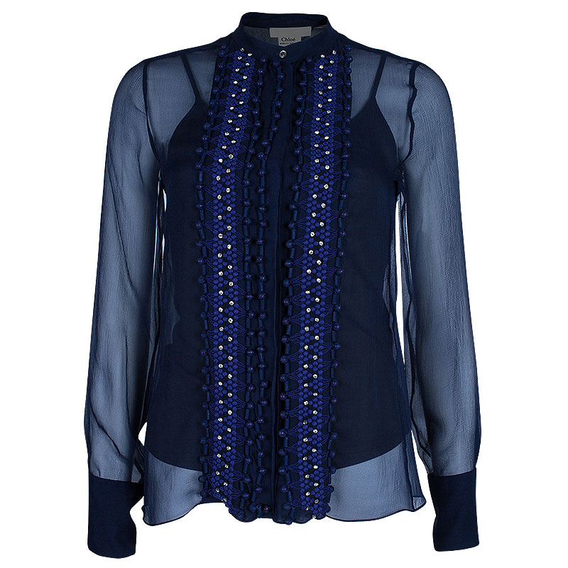 مملوكة مسبقًا Chloe Navy Blue Embellished Long Sleeve Top S