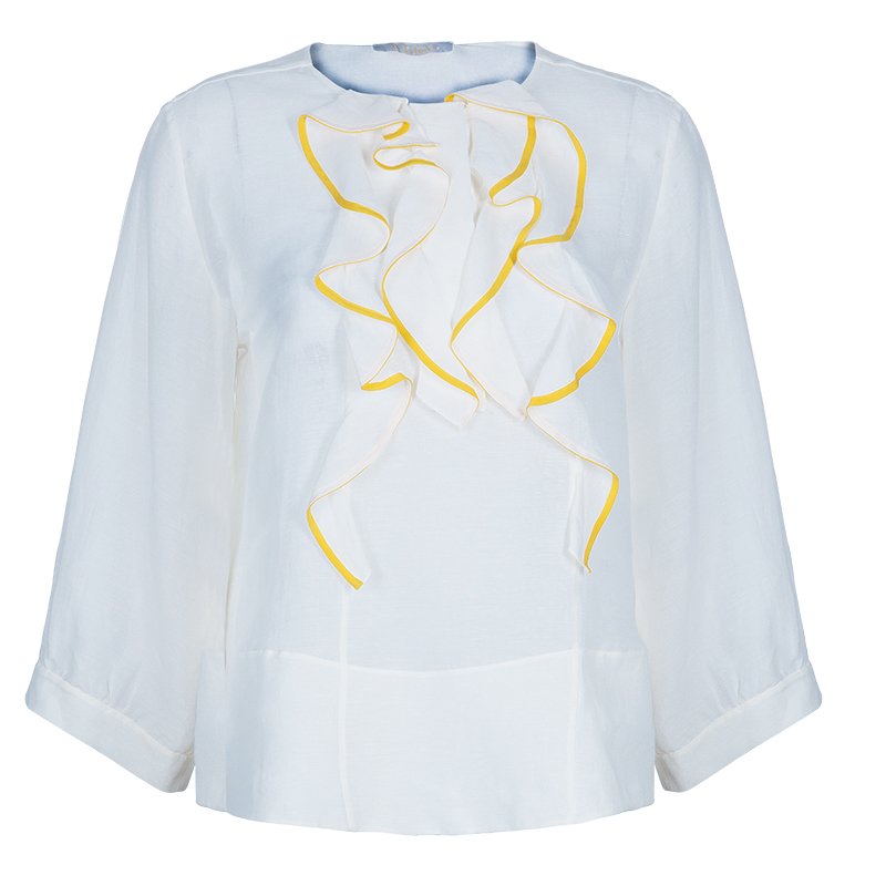 Pre Owned Chloe White Ruffle Front Long Sleeve Top M