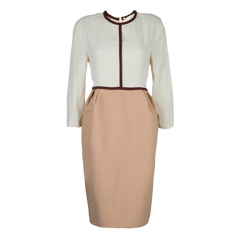 Chloe Cream and Brown Long Sleeve Shift Dress M