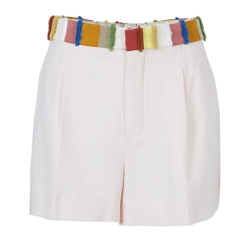 Pre Owned Chloe Powder Pink Multicolor Fringed Waistband Detail Shorts M