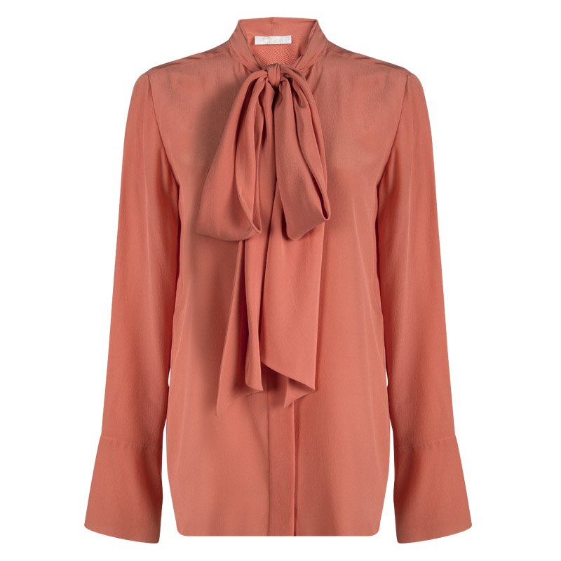 Chloe Peach Silk Long Sleeve Tie Detail Blouse M