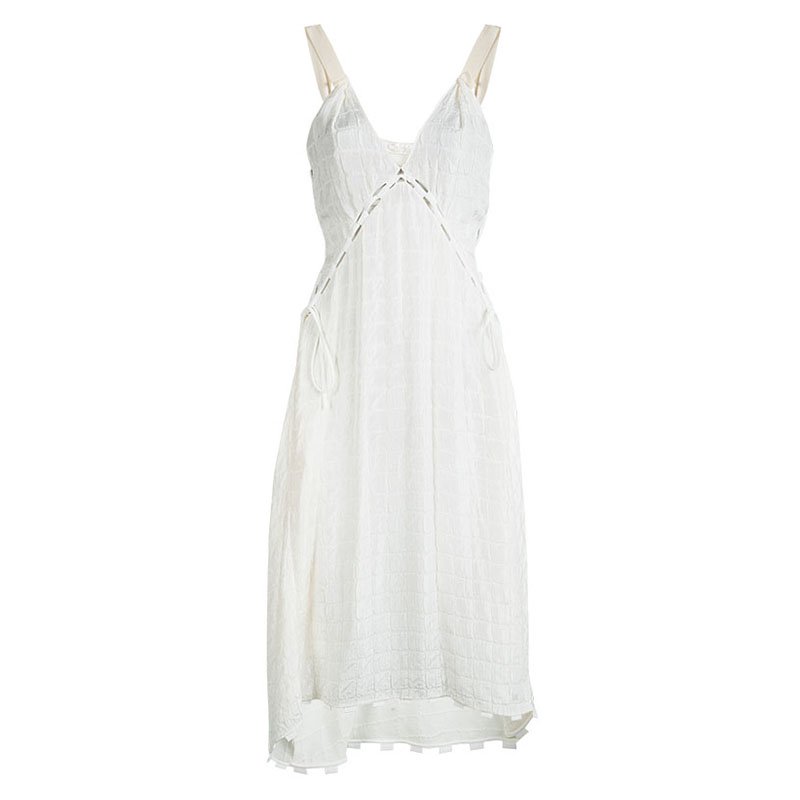 Chloe Cream Sleeveless V-Neck Tie Detail Sheer Dress M